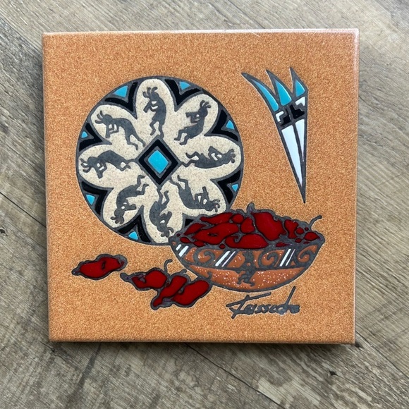 Teissedre Other - Teissedre Kokopelli Pueblo Chili Peppers Flute Players Tile Southwestern Vintage